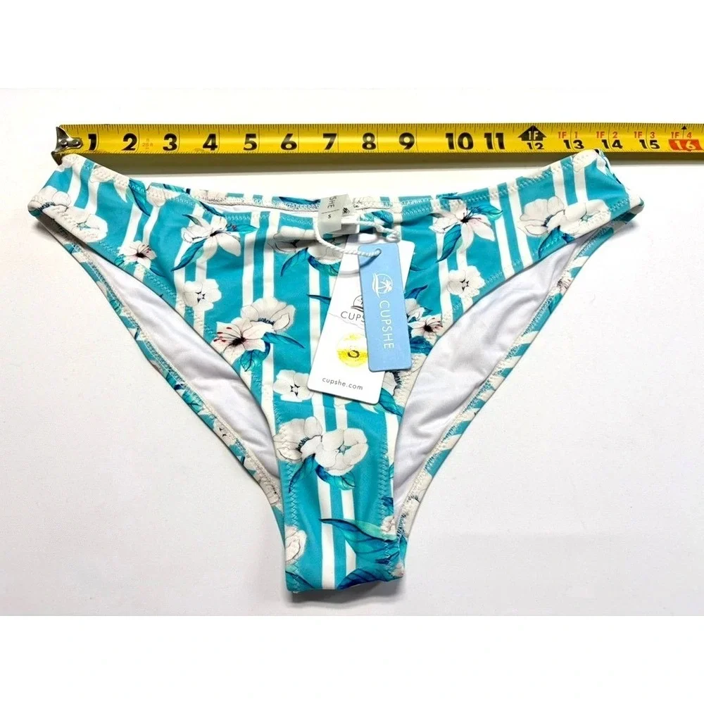 Cupshe Blue Floral Bikini Bottom Small NWT‎ Striped Tropical